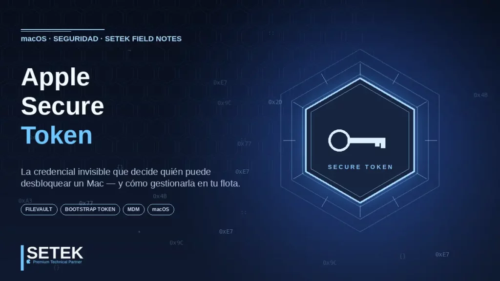 Token hexagonal luminoso con glifo de llave y códigos hex flotantes — portada Setek sobre Apple Secure Token en macOS.
