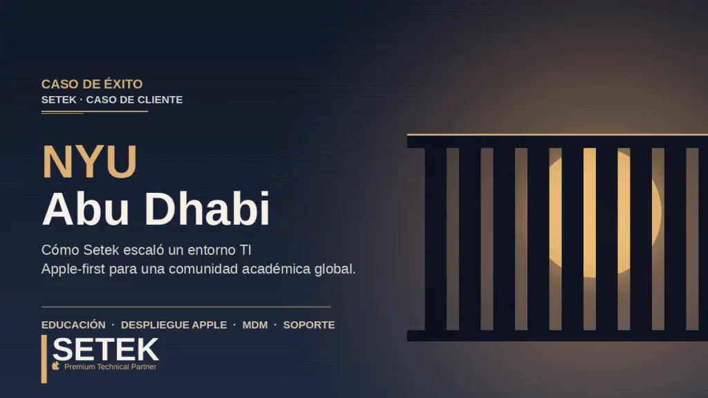 Portada editorial con columnata abstracta y sol del desierto — caso de éxito Setek con NYU Abu Dhabi.