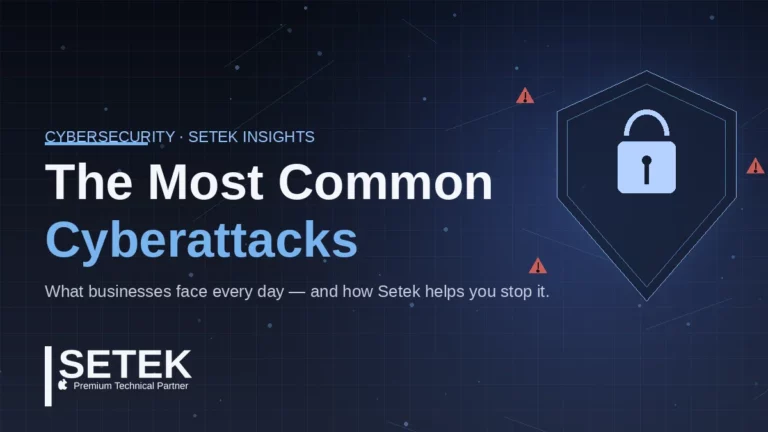 Dark cybersecurity cover with shield and padlock — "The Most Common Cyberattacks" by Setek, Apple Premium Technical Partner.