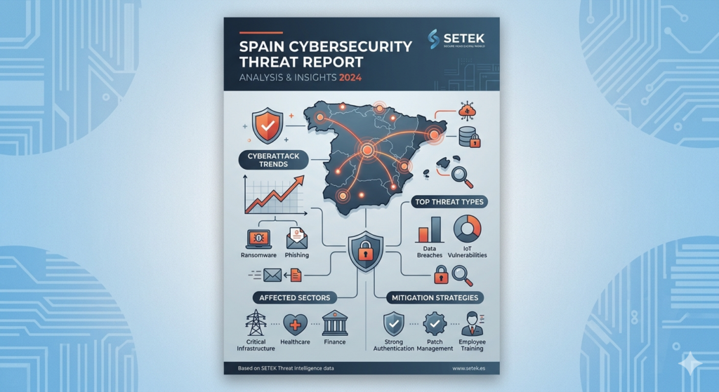 Infographic of the Spain Cybersecurity Threat Report by SETEK, featuring a map of Spain with digital connection points, data charts, and security icons like shields and locks in a professional blue and orange color scheme.