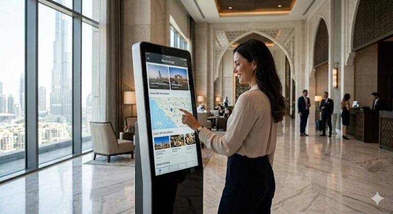 A well-dressed woman interacts with a large, freestanding digital touchscreen kiosk inside a luxurious, sunlit hotel lobby. The screen displays a map and "Local UAE attractions" options. In the background, there is a panoramic view of the Dubai skyline with the Burj Khalifa, ornate Arabic architectural arches, and other hotel guests.
