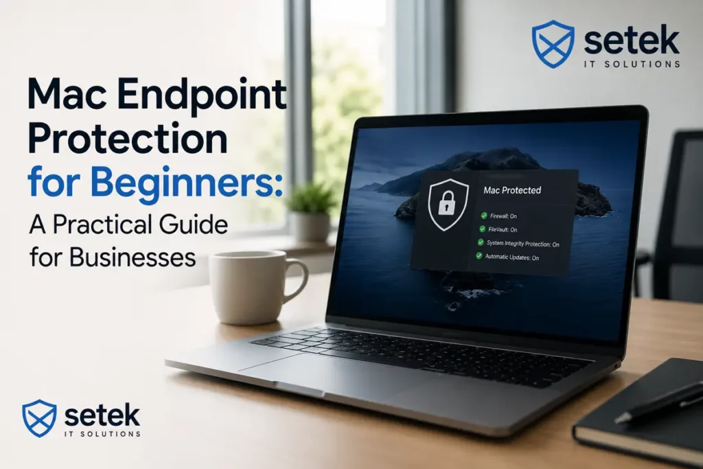 Realistic illustration of Mac endpoint protection concept for beginners in a business environment, showing secure Apple devices with cybersecurity shield icons and Setek branding logo included.
