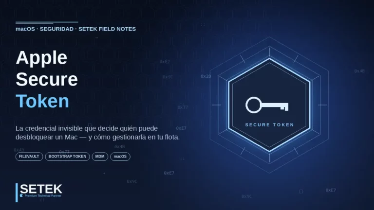 Token hexagonal luminoso con glifo de llave y códigos hex flotantes — portada Setek sobre Apple Secure Token en macOS.