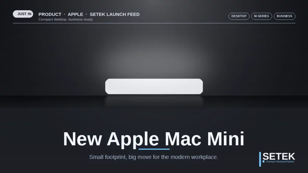 Stage-lit hero shot of a compact desktop computer — Setek blog cover on the new Apple Mac Mini for business.