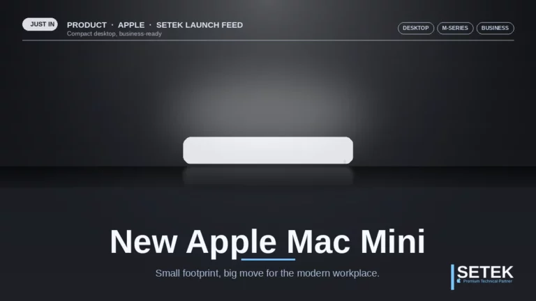 Stage-lit hero shot of a compact desktop computer — Setek blog cover on the new Apple Mac Mini for business.