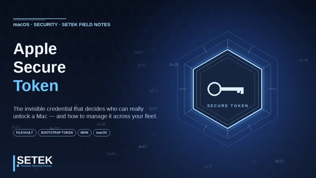 Glowing hexagon token with a key glyph and floating hex codes — Setek blog cover on Apple Secure Token for macOS.
