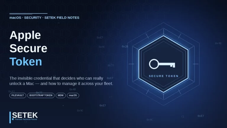 Glowing hexagon token with a key glyph and floating hex codes — Setek blog cover on Apple Secure Token for macOS.