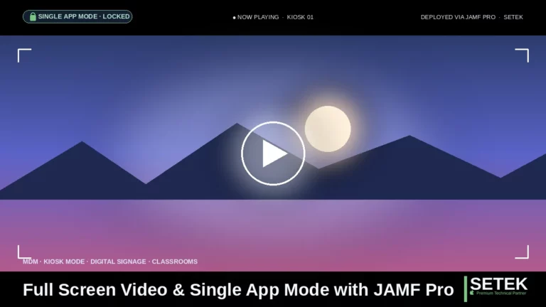 Kiosk-style cover showing a locked single-app mode screen with full-screen video — Setek blog on JAMF Pro deployment.