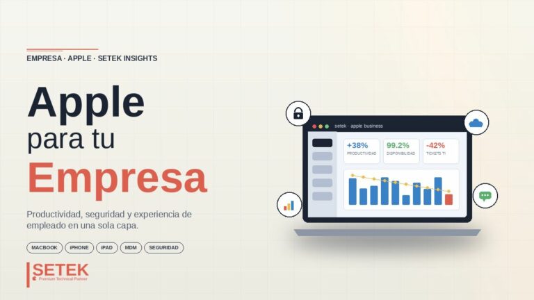 Portátil estilizado con dashboard de KPIs y badges de seguridad, nube y chat — portada Setek sobre Apple para tu empresa.