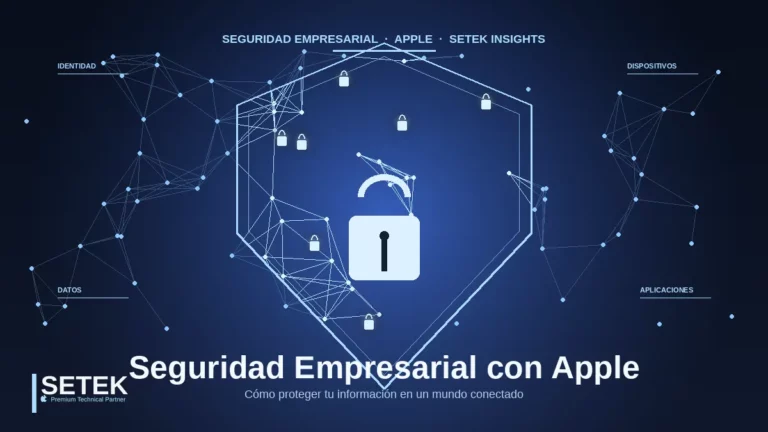 Red de nodos conectados formando un escudo con puntos de candado — portada Setek sobre seguridad empresarial con Apple.