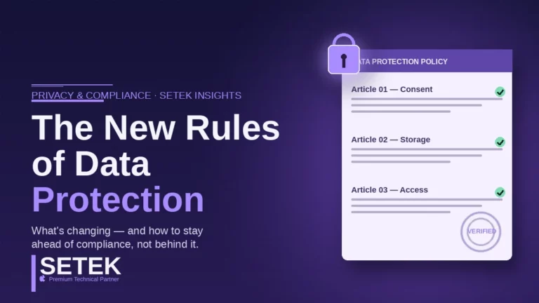 Stylized data protection policy document with lock and verified seal — Setek blog cover on the new rules of data protection.