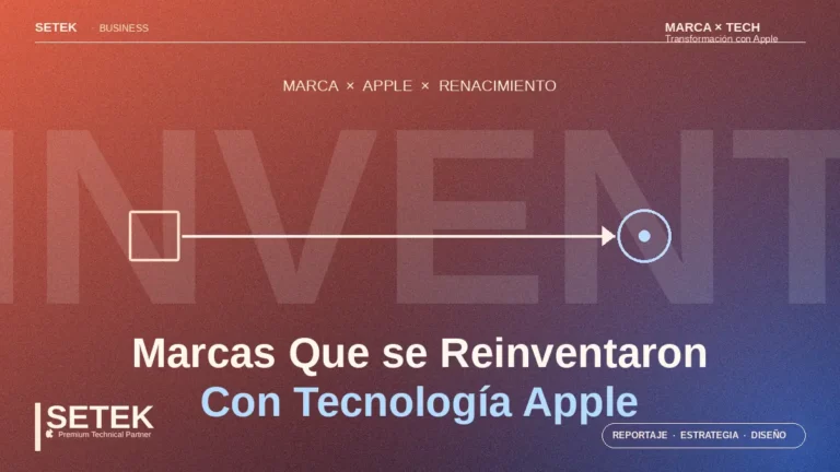 Póster editorial con tipografía gigante "Reinventar" y motivo cuadrado-a-círculo — portada Setek sobre marcas reinventadas con Apple.