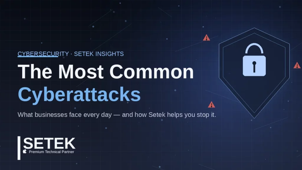 Dark cybersecurity cover with shield and padlock — "The Most Common Cyberattacks" by Setek, Apple Premium Technical Partner.