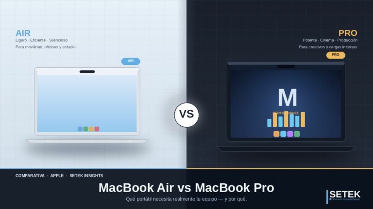 Dos portátiles estilizados enfrentados — MacBook Air claro y MacBook Pro oscuro con VS central — portada Setek comparativa.