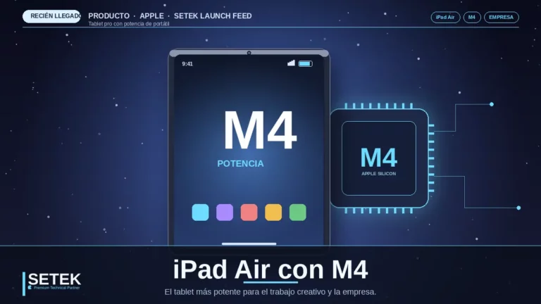 Tablet estilizado mostrando "M4" junto a un chip de silicio iluminado sobre fondo cosmos — portada Setek sobre iPad Air con M4.